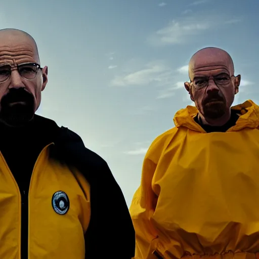 Image similar to obama and walter white wearing hazmat suits, hood off, film still of breaking bad, film grain, insanely detailed faces, realistic faces, photorealistic, 4k