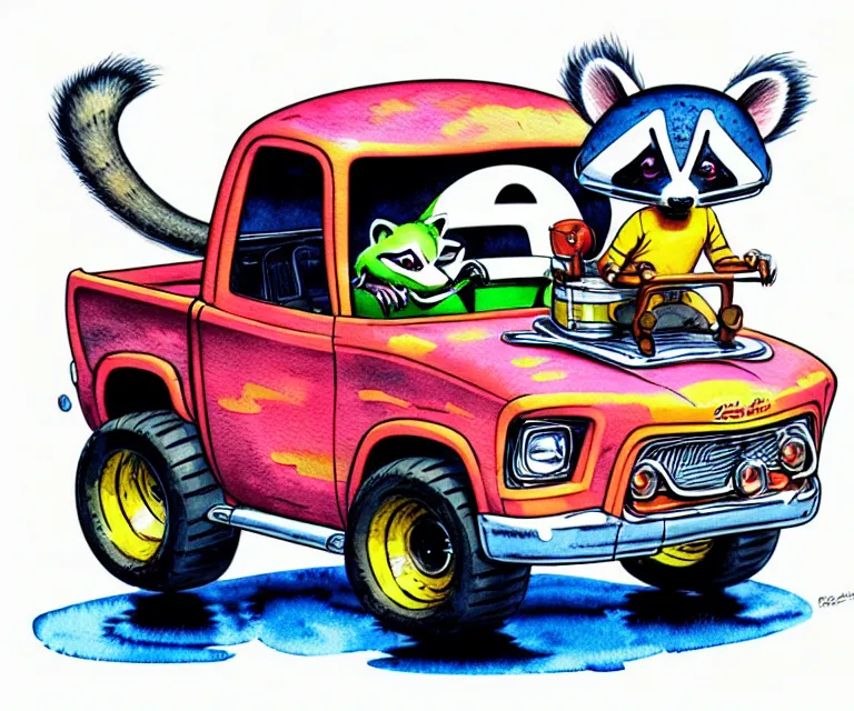 Prompt: cute and funny, racoon wearing a helmet riding in a tiny hot rod shortbed chevy truck with oversized engine, ratfink style by ed roth, centered award winning watercolor pen illustration, isometric illustration by chihiro iwasaki, edited by range murata
