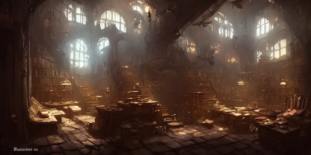 Image similar to ! dream dark book shop interior by bastien lecouffe - deharme and charles bowater, greg rutkowski, adventure game, inspired by diablo concept art