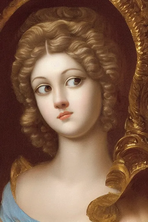 Image similar to Beautiful girl, calm face, closeup, ultra detailed, made in gold, Guido Reni style