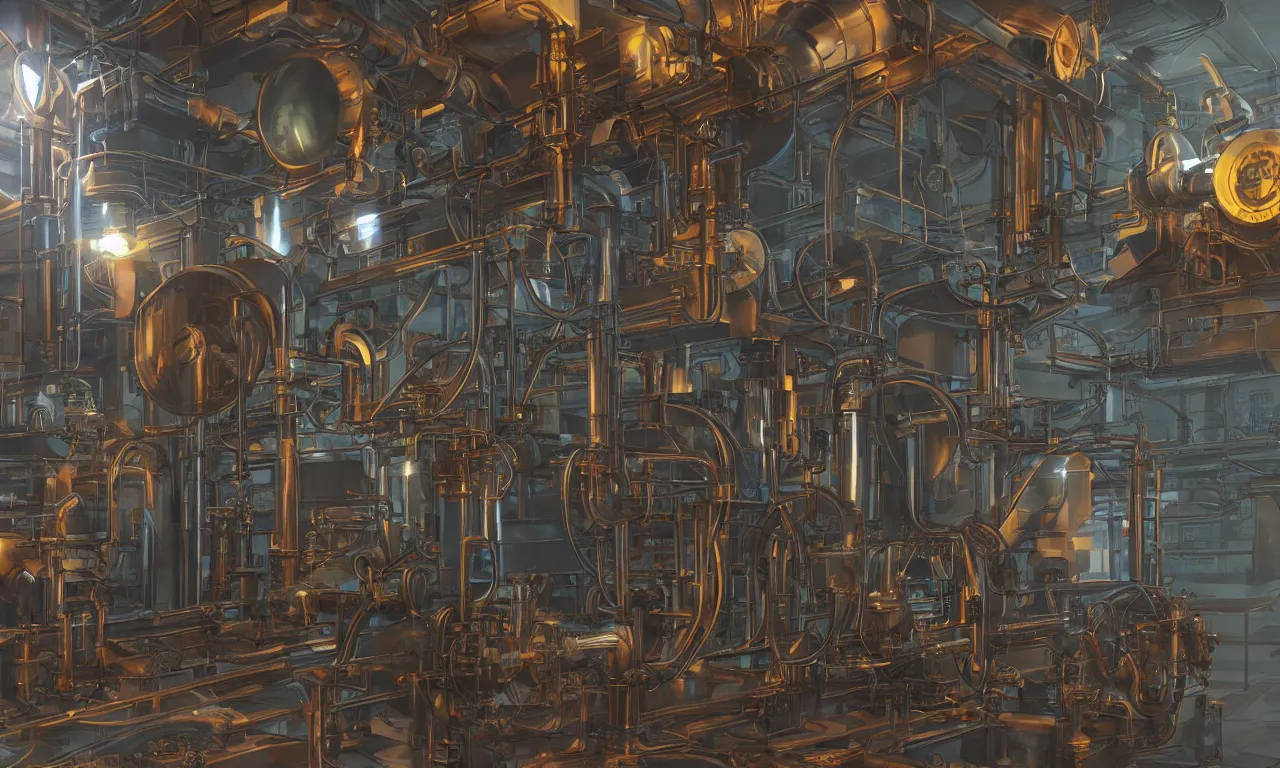 Prompt: steam engine laboratory 3 d volume chakra digital color stylized concept substance natural color scheme, global illumination ray tracing hdr fanart arstation by sung choi and eric pfeiffer and gabriel garza and casper konefal