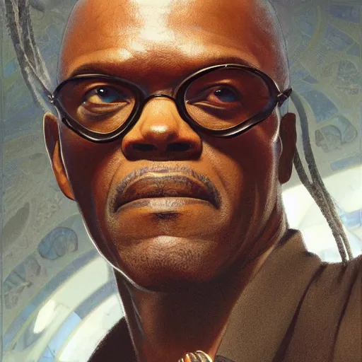 Image similar to Samuel L. Jackson as Morpheus in the Matrix, intricate, highly detailed, digital painting, artstation, concept art, sharp focus, illustration, art by greg rutkowski and alphonse mucha