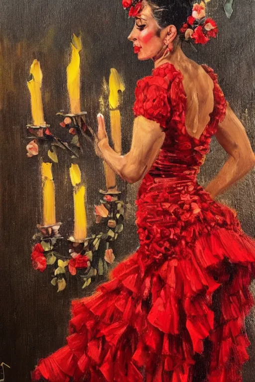 Prompt: vintage detailed oil painting of spanish flamenco dancer in mallorca wearing a red dress made of flowers, dimly lit by candles on the ground, looking away, her head is vapor, dark shadows, photo realistic, extreme detail skin, no filter, slr, 4 k, high definition