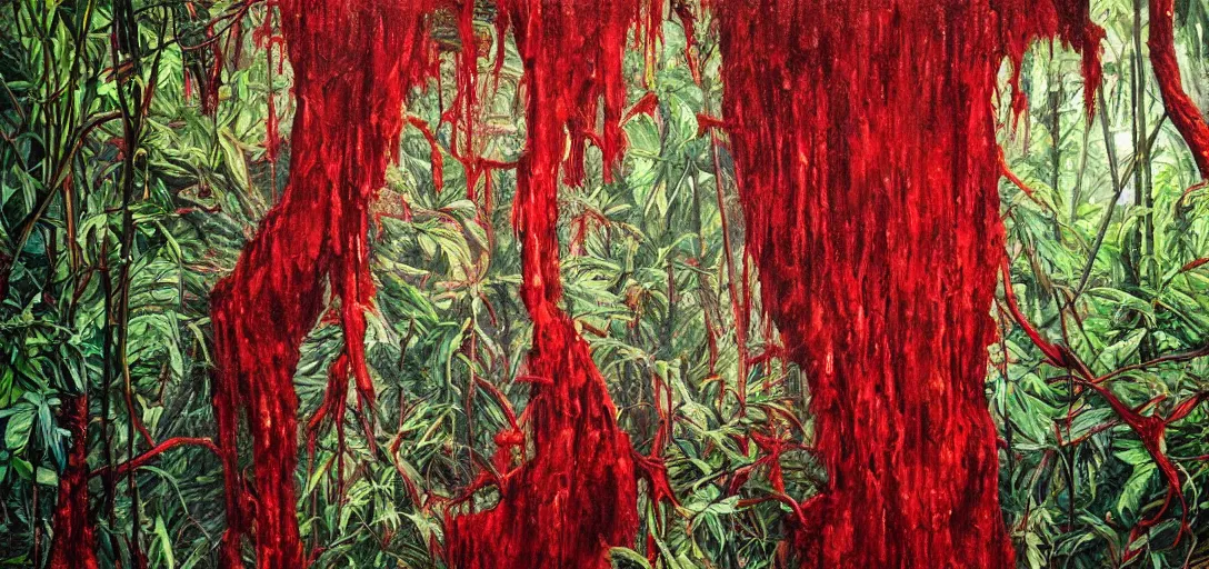 Prompt: hyperrealistic oil painting on canvas, hyperdetailed jungle made of blood and veins