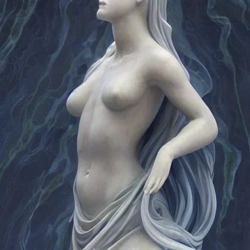 Image similar to “a delicate renaissance marble sculpture covered with water veil, highly detailed transparent marble cloth, a beautiful girl with long black hair in, island background, intricate, highly detailed, digital painting, artstation, official media, anime key visual, concept art, rich vivid colors, ambient lighting, sharp focus, illustration, art by Artgerm, Makoto Shinkai, Ilya Kuvshinov, Lois Van Baarle, and Rossdraws, gi, global illumination, physically based rendering, photorealistic, top light , dark background”