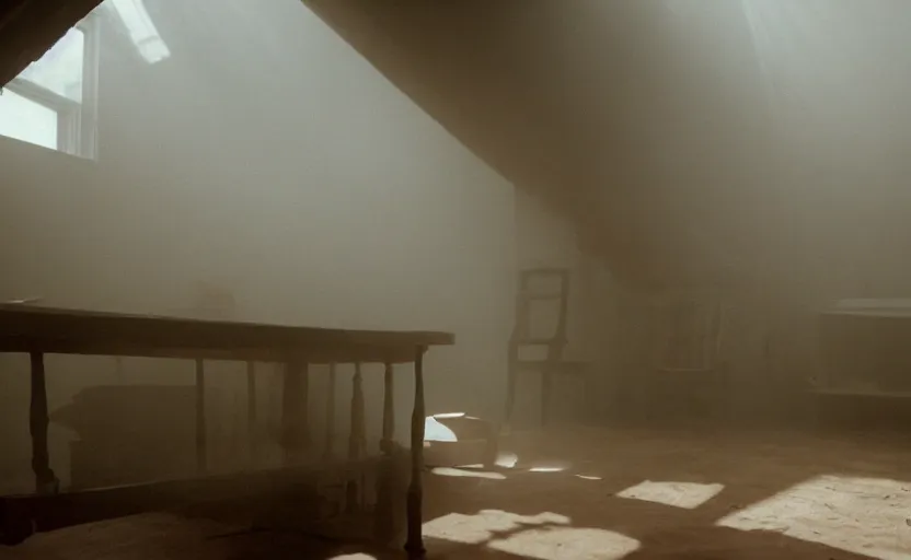 Prompt: screenshot photo low angle interior of a house built on nothing and something for the nothing underneath, scene from being john malcovich film directed by charlie kaufman ( 2 0 0 1 ), foggy volumetric light morning, moody cinematography, 2 4 mm anamorphic lens, 3 5 mm film