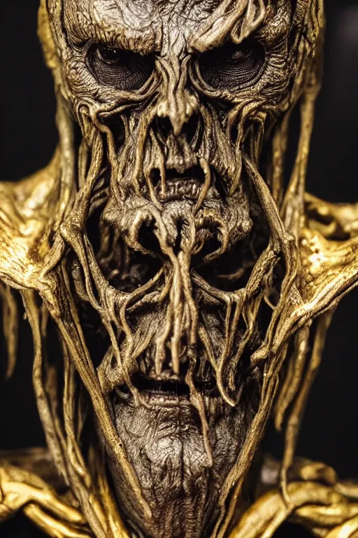 Image similar to photo taken of an epic intricate, ultra detailed, super realistic sculpture of a nightmarish hellish demonic hooded grim reaper sculpture on display in a workshop, created by weta workshop, full body shots, photorealistic, sharp focus, f 0. 4, face centred, macro photography, golden ratio, golden hour