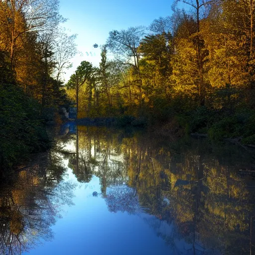 Image similar to river in a forest, golden hour, ray tracing reflection, 8k, hyper realistic, insainly detailed, hdr, octan render,