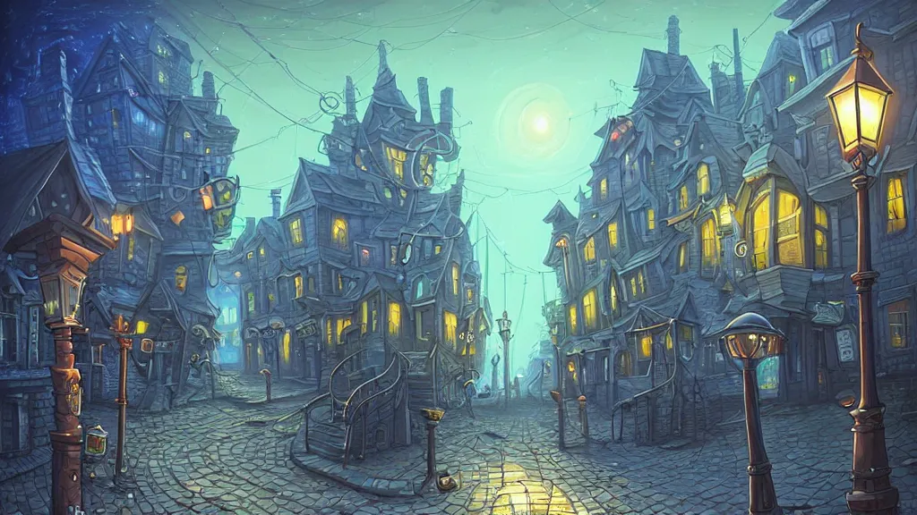 Image similar to street view of lovecraftian town square surrounded by houses in lovecraftian city at night by cyril rolando and naomi okubo and dan mumford and ricardo bofill. lovecraft. cobbled streets. oil lamp posts. lovecraftian statues.