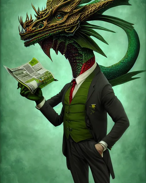 Image similar to anthropomorphic art of a businessman dragon, green dragon, portrait, victorian inspired clothing by artgerm, victo ngai, ryohei hase, artstation. fractal papers, newspaper. stock certificate, highly detailed digital painting, smooth, global illumination, fantasy art by greg rutkowsky, karl spitzweg