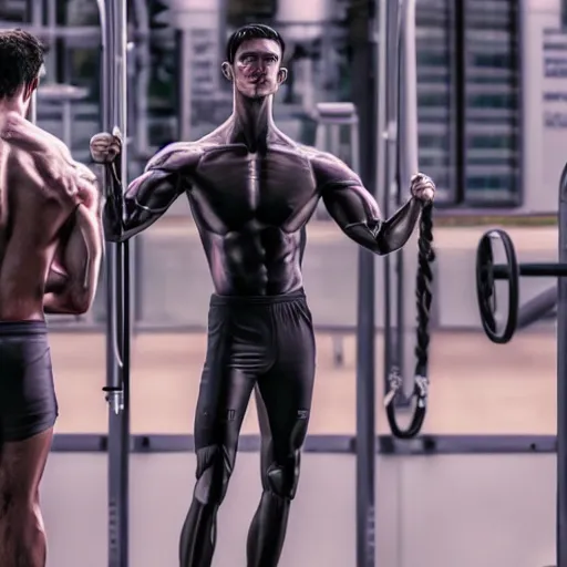 Image similar to a realistic detailed photo of a guy who is an attractive humanoid who is half robot and half humanoid, who is a male android, attractive and handsome jogger, shiny skin, posing like a statue, blank stare, in a factory, on display, showing off his muscles, wearing gym shorts, side view, looking at each other mindlessly