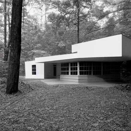 Image similar to architecture ad for a mid-century modern house in the middle of the forrest, designed by Frank Gehry. Film grain, cinematic, grayscale, yellow hue