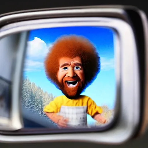 Image similar to a tiny screaming angry bob ross running your in rear view mirror