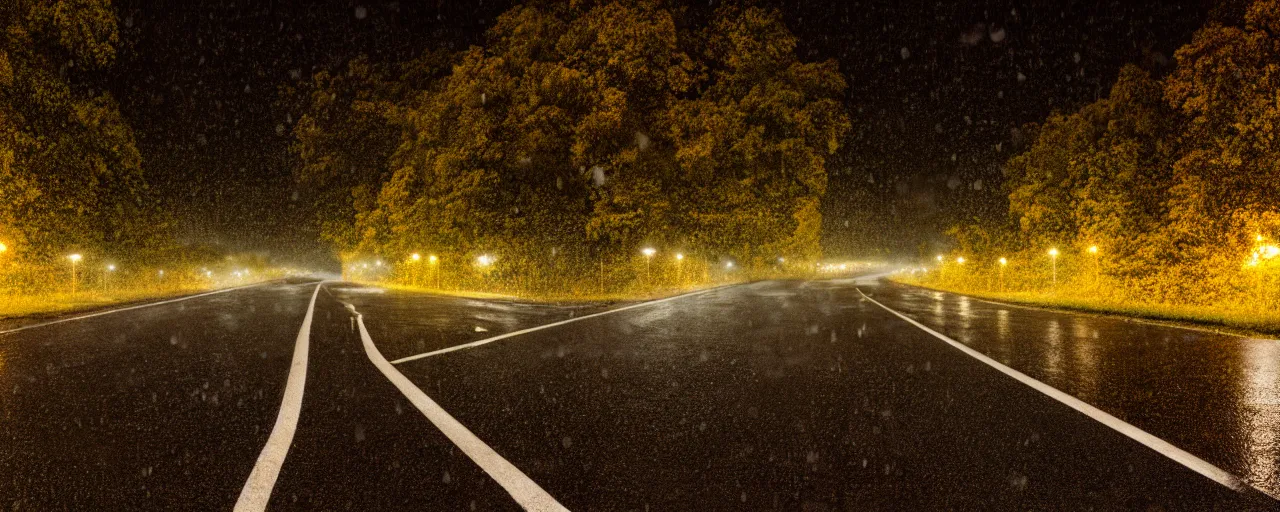 Image similar to at night, it is raining in the sky, a large road extends into the distance, the leaves on both sides of the road are yellowed by the street lights, tranquility, film texture, super fine, 8 k