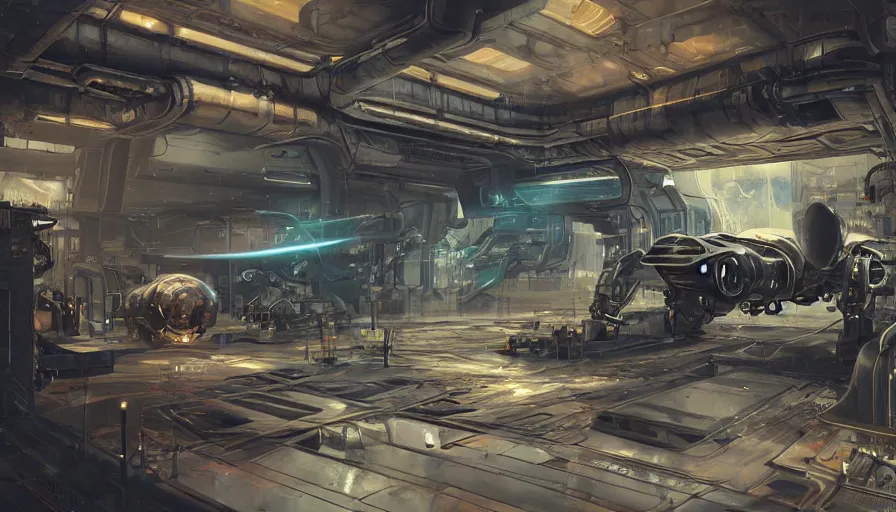 Image similar to the inside of a futuristic mechanic spaceshop coc, highly detailed interior, half - finished robot, holographic screen in center frame by peter mohrbacher, dieselpunk, firefly, cryengine render, hyper realism, realistic shading, cinematic composition, realistic render, octane render, detailed textures, photorealistic, wide shot, fanciful, colorful