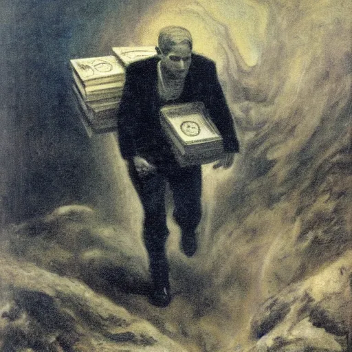 Image similar to Benjamin Netanyahu carrying sacks of money up an obsidian mountain in hell, dark sky, storm, by Franz Stuck