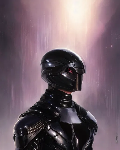 Image similar to iridescent wiry muscular male smooth sleek glossy black pearlescent scifi armor with smooth black featureless helmet, by greg rutkowski and mark brookes and jim burns and tom bagshaw and magali villeneuve, trending on artstation