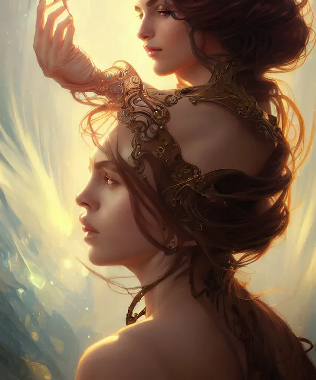 Image similar to fantasy magic woman portrait, sci-fi, amber eyes, face, long hair, fantasy, intricate, elegant, highly detailed, digital painting, artstation, concept art, smooth, sharp focus, illustration, art by artgerm and greg rutkowski and alphonse mucha