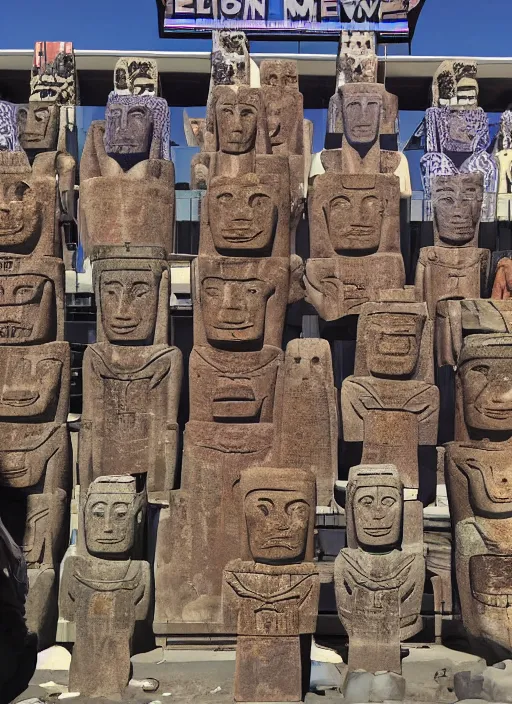 Image similar to legions of moai levitating over las vegas casinos in the style of alex grey