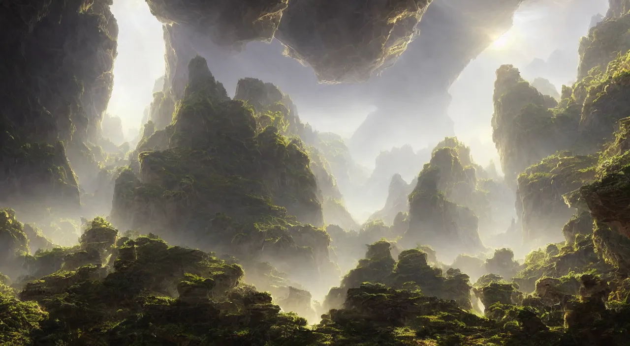 Prompt: parametric cellular tectonic organic biological crystallographic bridging megastructure architecture in a wide canyon landscape, by glenn small, by albert bierstadt, by sparth, hyper realistic, zaha hadid, god rays, volumetric lighting, detailed, extremely intricate, raytrace, octane, light fog, keyshot