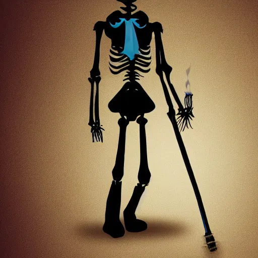 Image similar to DND character, skeleton, Tall skeletal figure, wearing a deep black suit and tie and top hat. golden cane in his right. Light blue flames envelop his whole body