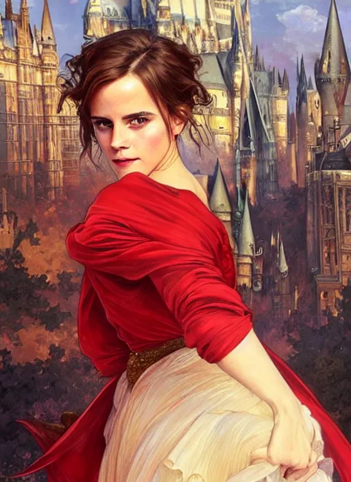 Prompt: oil painting of emma watson giving seductive look wearing red and gold. hogwarts in background beautiful detailed face. by artgerm and greg rutkowski and alphonse mucha