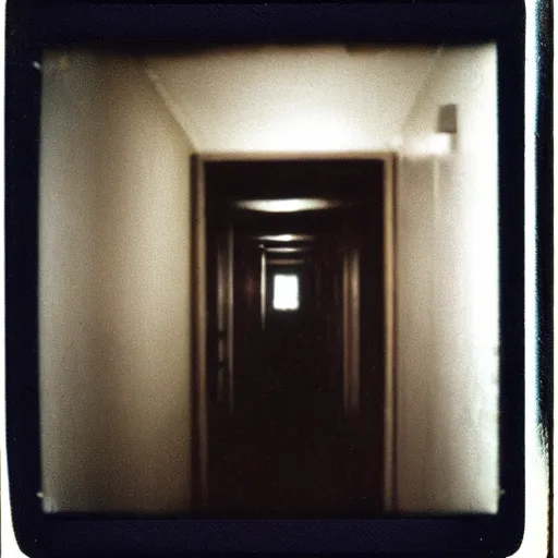 Prompt: a terrifying creature at the end of a hallway, dark!, creepy, nightmare fuel!!!, unsettling, uncanny valley!, old polaroid, expired film,
