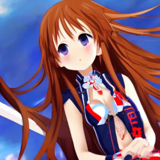 Image similar to a very beautiful young yuuki asuna taking a selfie on 9 / 1 1, full body, long wavy hair, sky blue eyes, full round face, bikini, miniskirt,, cinematic wallpaper