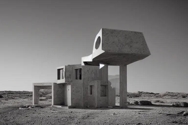 Image similar to desolate futuristic house in the middle of the desert, dramatic, desolate, award winning, high detailed