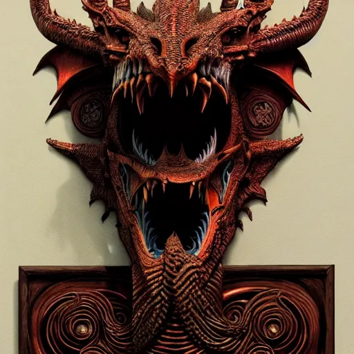 Image similar to a chthonic dragon head art by Daniel Dos Santos, Beksinski, Giger, intricate colourfully painted carved wood paneling, dark souls, ivory and copper , artstation