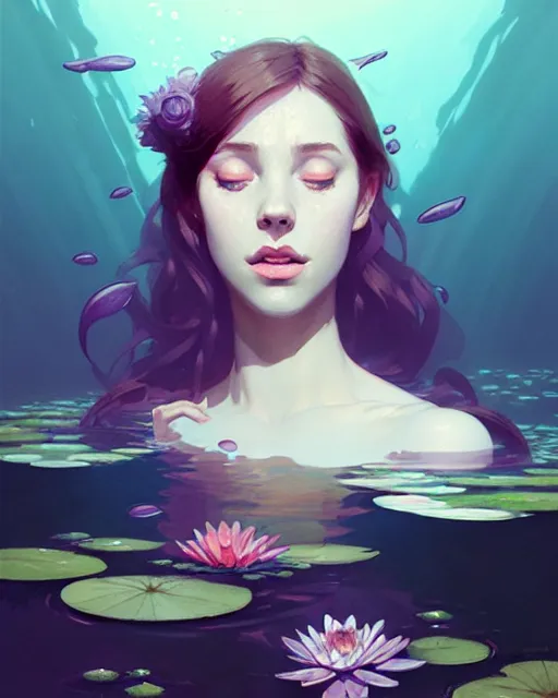 Prompt: hyper - realistic portrait of a ophelia underwater, water lilies, by atey ghailan, by greg rutkowski, by greg tocchini, by james gilleard, by joe fenton, by kaethe butcher, dynamic lighting, gradient light purple, brown, blonde cream and white color scheme, grunge aesthetic