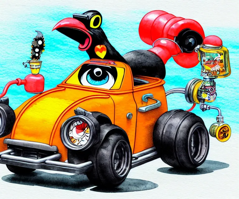 Prompt: cute and funny, black chicken wearing goggles driving a tiny hot rod with an oversized engine, ratfink style by ed roth, centered award winning watercolor pen illustration, isometric illustration by chihiro iwasaki, edited by craola, tiny details by artgerm and watercolor girl, symmetrically isometrically centered