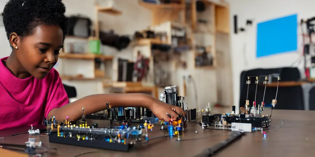 Prompt: a black girl kid scientist constructing a d. i. y. analogic synthsizer arduino with a lot of button potenciometers and iron cables in a room, photorealistic, ultra detailed, 4 k, chomatic aberration, dof