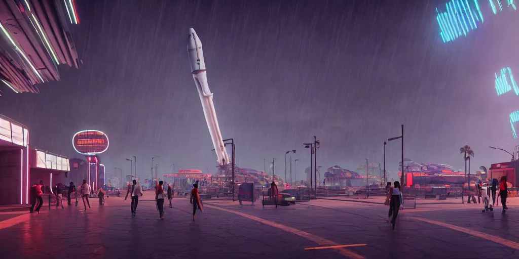 Prompt: a futuristic traditional mexican colony, blade runner 2 0 4 9 city architecture, cyberpunk mexican futuristic colonial architecture, spacex starship rocket launch site, environmental lighting, stormy weather, ray tracing, people walking on street, amazing view, highly detailed, heavy traffic, neon shops, octane render, unreal engine 5, 4 k