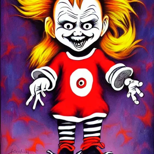 Prompt: painting of chucky by jeremiah ketner and dr seuss | horror themed | creepy
