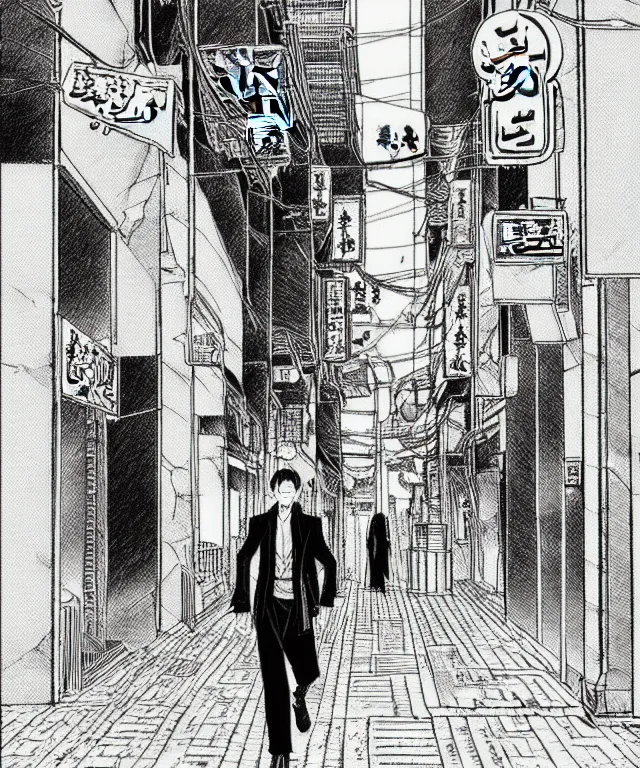 Prompt: A manga cover about a shaved-headed scarred solo yakuza standing on the sidewalk in riyadh city saudi arabia. Sharp high quality manga cover, fine details, straight lines, architecture in the background, masterpiece, art, highly detailed drawing by Hirohiko Araki, Akatsuki Akira, Kentaro Miura