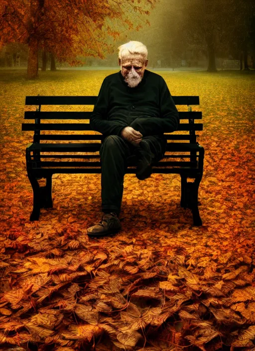 Image similar to man into leaves. conceptual photography portrait of an old man on a park bench falling apart into leaves, autumn tranquility, forgetfulness, fading to dust and leaves, oblivion, inevitability, aging, surreal portrait, moody, by tom bagshaw, hopeless, 4 k