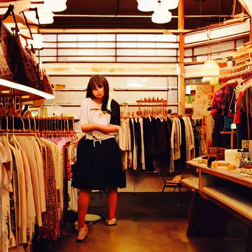 Image similar to shiba inu inside a japanese thrift store, cinematic light, warm colours, atmospheric, 8 k photography