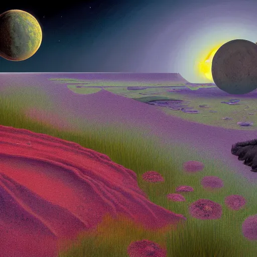 Image similar to a landscape on the moon with many craters, barren moon landscape, a broken moon lander, in a big crater at the center there is a beautiful flowering garden, 8 k, lowbrow in the style of martin johnson heade and daniel merriam and roger dean,