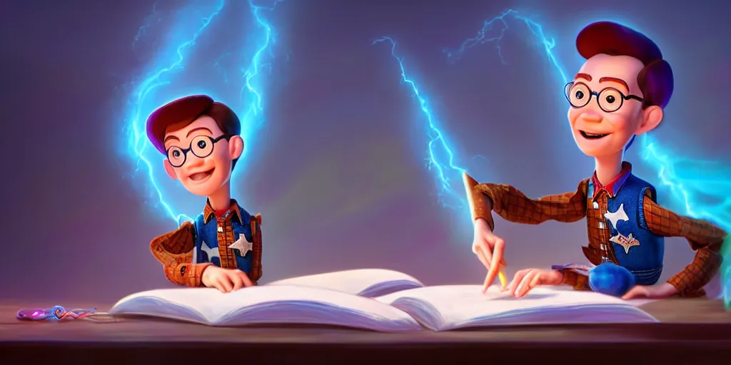 Prompt: a young boy mage that looks like andy from toy story and is at his desk working on a new spell that is casting out flowing energy, colorful, flowing energy, light rays, consistent face, medium shot, waist up, pixar and disney animation, sharp, concept art, highly detailed, trending on artstation, bloom, dramatic lighting, cinematic