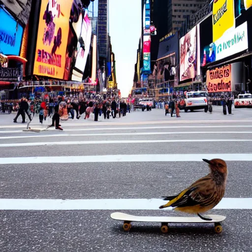 Prompt: a bird on a skateboard in times square