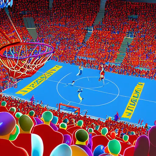 Image similar to a filled sports arena watching a basketball game, digital art, colorful, detailed, cheering