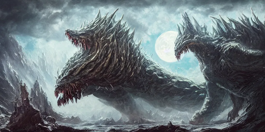 Prompt: concept art of giant kaiju, japanese, roaring, lots of teeth, melting horror, round moon, rich clouds, fighting the horrors of the unknown, mirrors, very detailed, volumetric light, mist, grim, fine art, decaying, textured oil over canvas, epic fantasy art, very colorful, ornate, anato finnstark