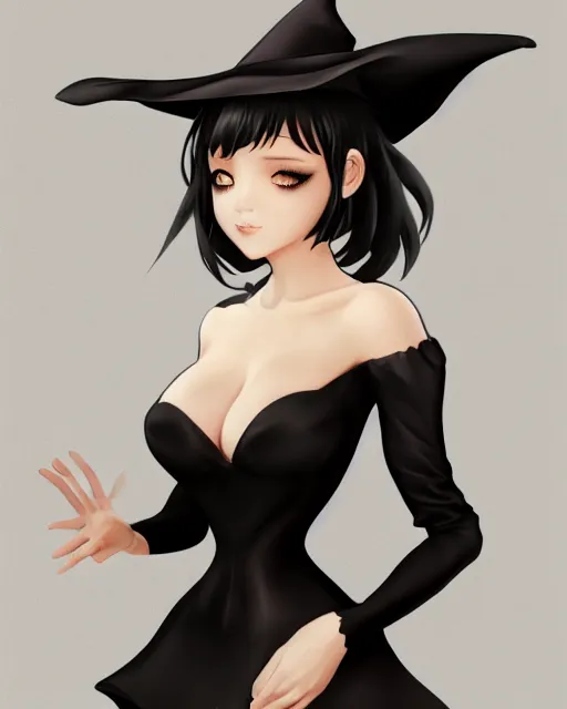 Image similar to A frontal fullbody painting of a beautiful brunette witch and wearing a cute translucent black dress looking at the viewer, elegant, delicate, stunning, soft lines, feminine figure, higly detailed, ultraHD, 8k, smooth , pixiv art, cgsociety, artgem, high quality, digital illustration, concept art, masterpiece