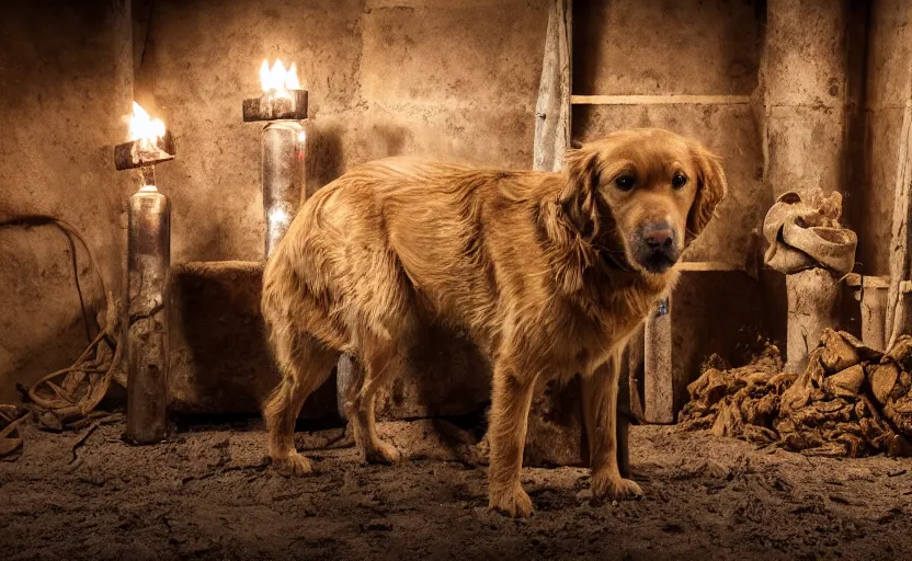 Prompt: a dirty golden retriever in a dimly lit mine, large piles of gold nuggets, wearing a black western hat and jacket, dim moody lighting, wooden supports and wall torches and pick axes, cinematic style photograph