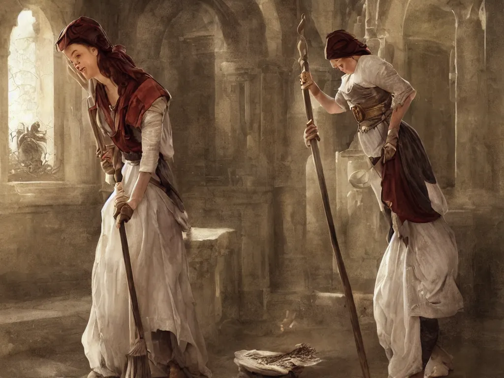 Image similar to epic portrait an medieval female maid cleaning the floor with a broom, sunny, beauty, pretty face, sweaty skin, digital painting, artstation, concept art, soft light, hdri, smooth, sharp focus, illustration, fantasy, intricate, elegant, highly detailed, D&D, matte painting, in the style of Greg Rutkowski and Alphonse Mucha and artemisia, 8k, highly detailed, jurgens, rutkowski, bouguereau, pastoral, rustic, georgic, detailed concept art, illustration, colorful pastel, painting, detail, ultra detailed, digital art, 4K,