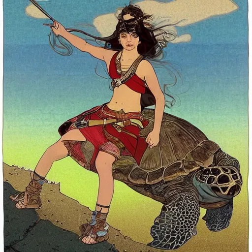 Image similar to a little warrior girl sitting on top of a giant turtle that is walking in the desert, seen from a distance. the girl is fully visible and has dark skin, realistic full body and a very beautiful detailed face with long black hair. diffuse light, dramatic sky and landscape, fantasy illustration by mucha