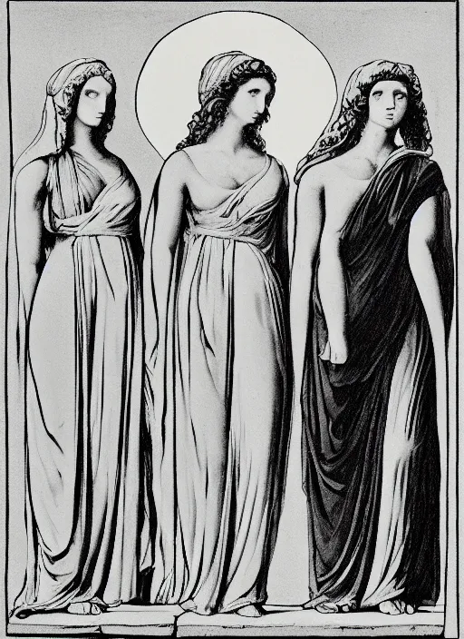 Image similar to three silhouettes of ancient greek goddesses observing an eclipse at dusk, painted by caspar david friedrich with high toner xerox halftones