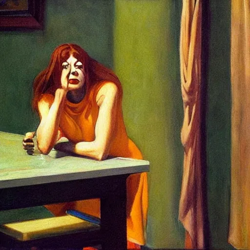 Prompt: Medusa the Gorgon drinking a glass of whisky (1967) is the most famous oil painting by Edward Hopper