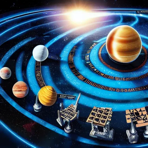 Image similar to a solar system layout like a chessboard, highly detailed digital art but as photography, marvel cinematic, 4 k, studio lighting, wide angle shot, panoramic